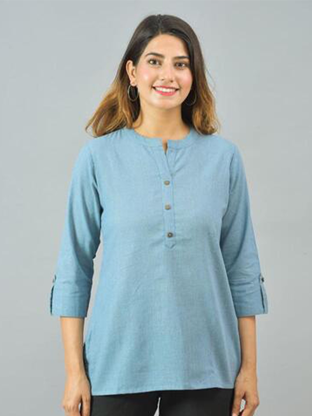 

HERE&NOW Blue Roll-Up Sleeves Cotton Shirt Style Top