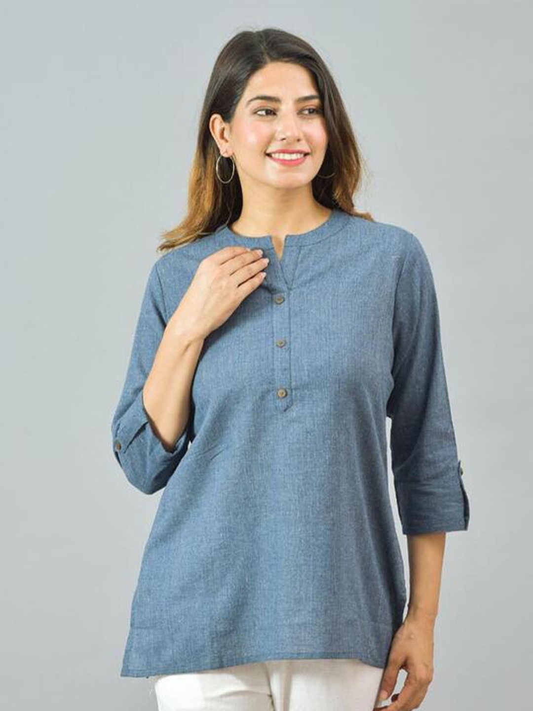 

HERE&NOW Blue Roll-Up Sleeves Cotton Top