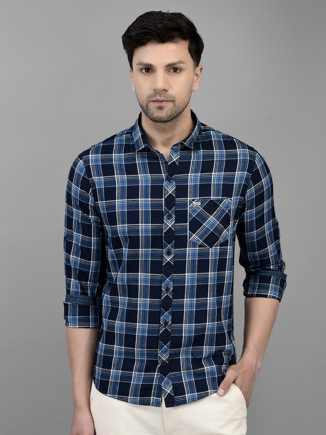 

Canary London Smart Tartan Checked Slim Fit Cotton Casual Shirt, Navy blue
