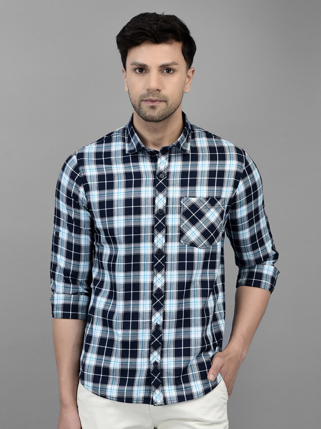 

Canary London Smart Tartan Checked Cotton Slim Fit Casual Shirt, Turquoise blue