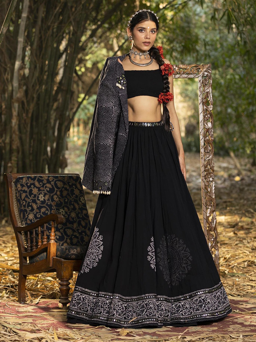 

SCAKHI Mirror Work Block Print Ready to Wear Lehenga Choli, Black