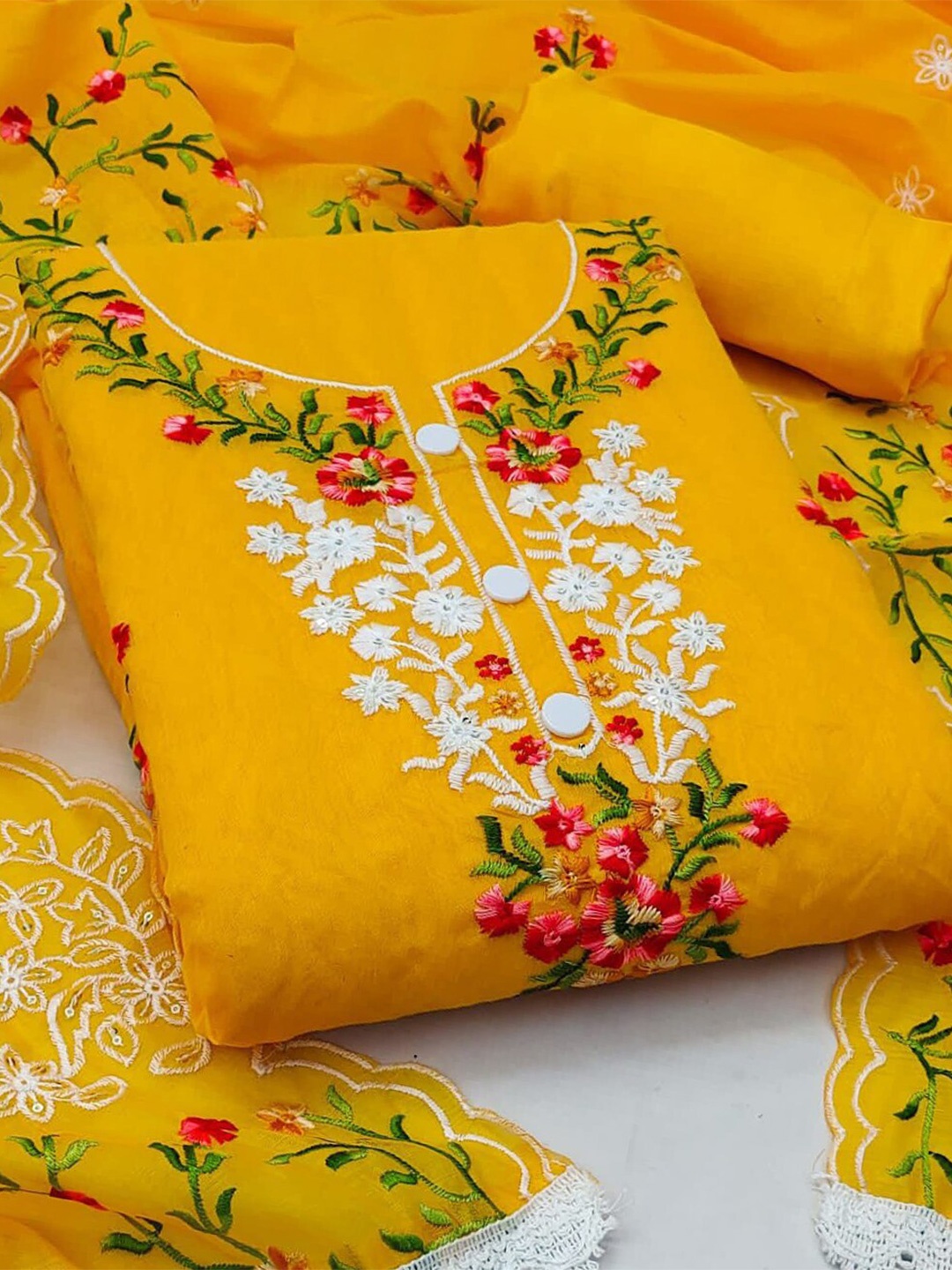 

KALINI Floral Embroidered Unstitched Dress Material, Yellow