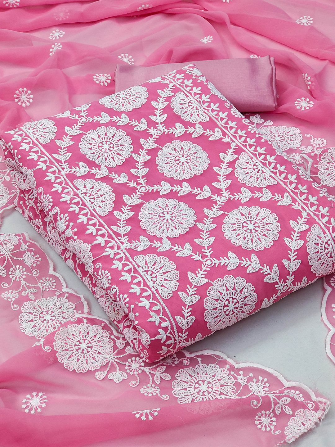 

KALINI Floral Embroidered Unstitched Dress Material, Pink