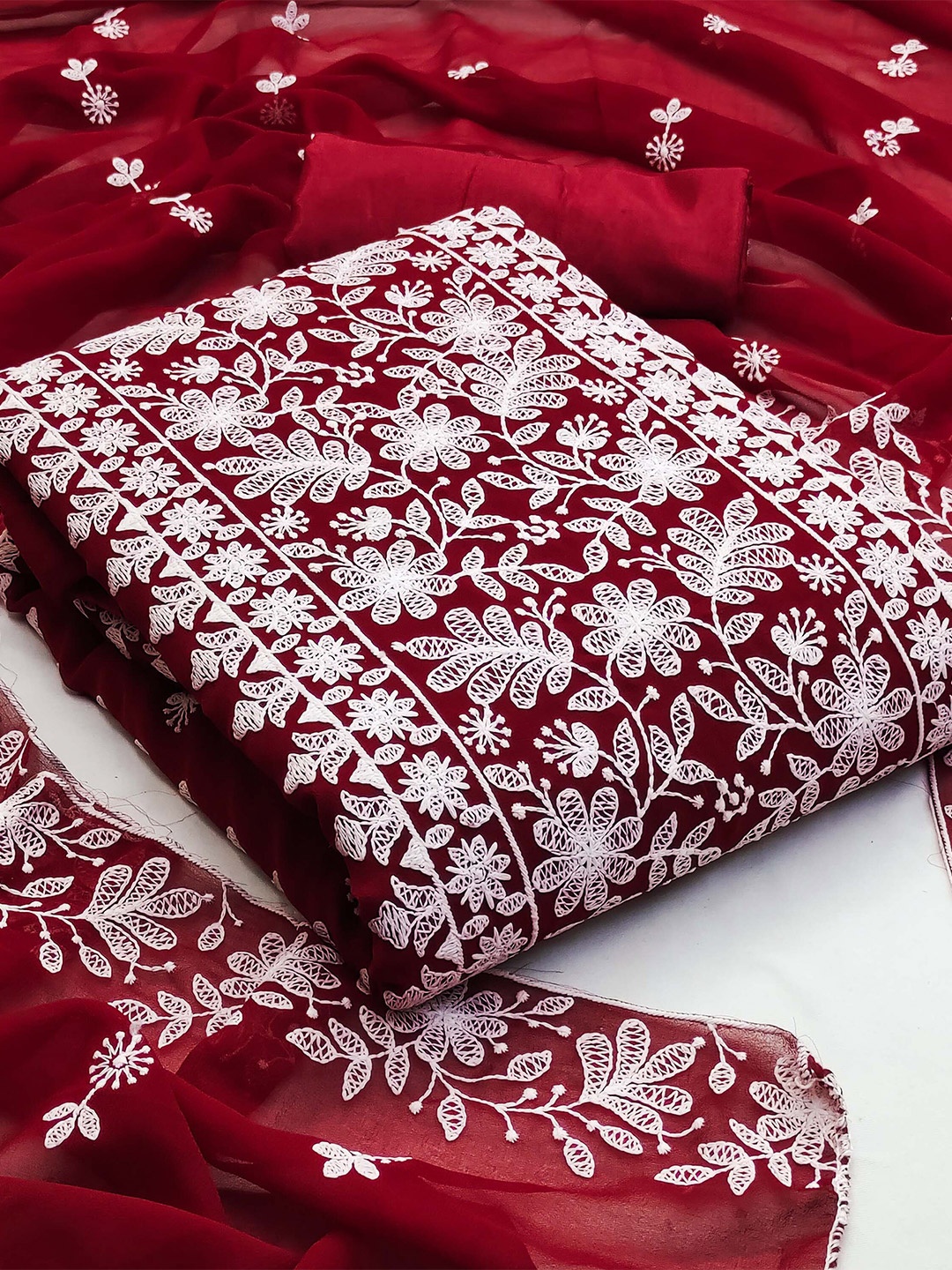 

KALINI Floral Embroidered Unstitched Dress Material, Red