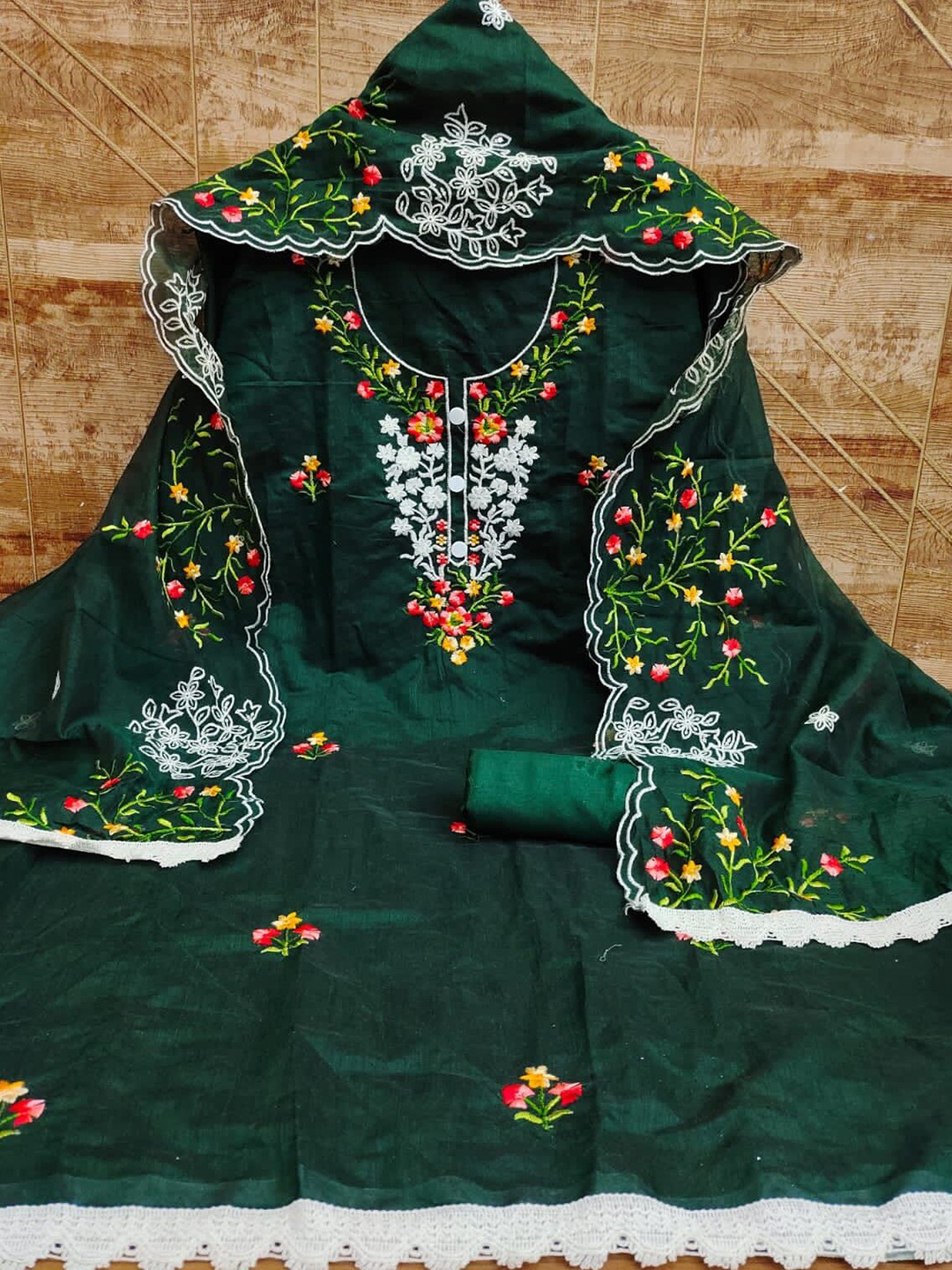 

KALINI Embroidered Unstitched Dress Material, Green