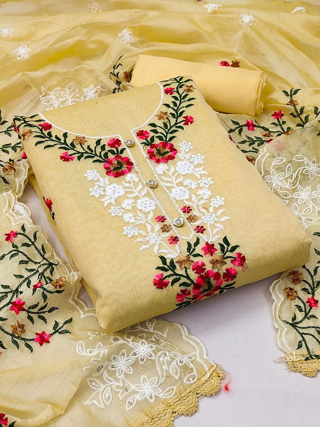 

KALINI Floral Embroidered Sequinned Unstitched Dress Material, Yellow