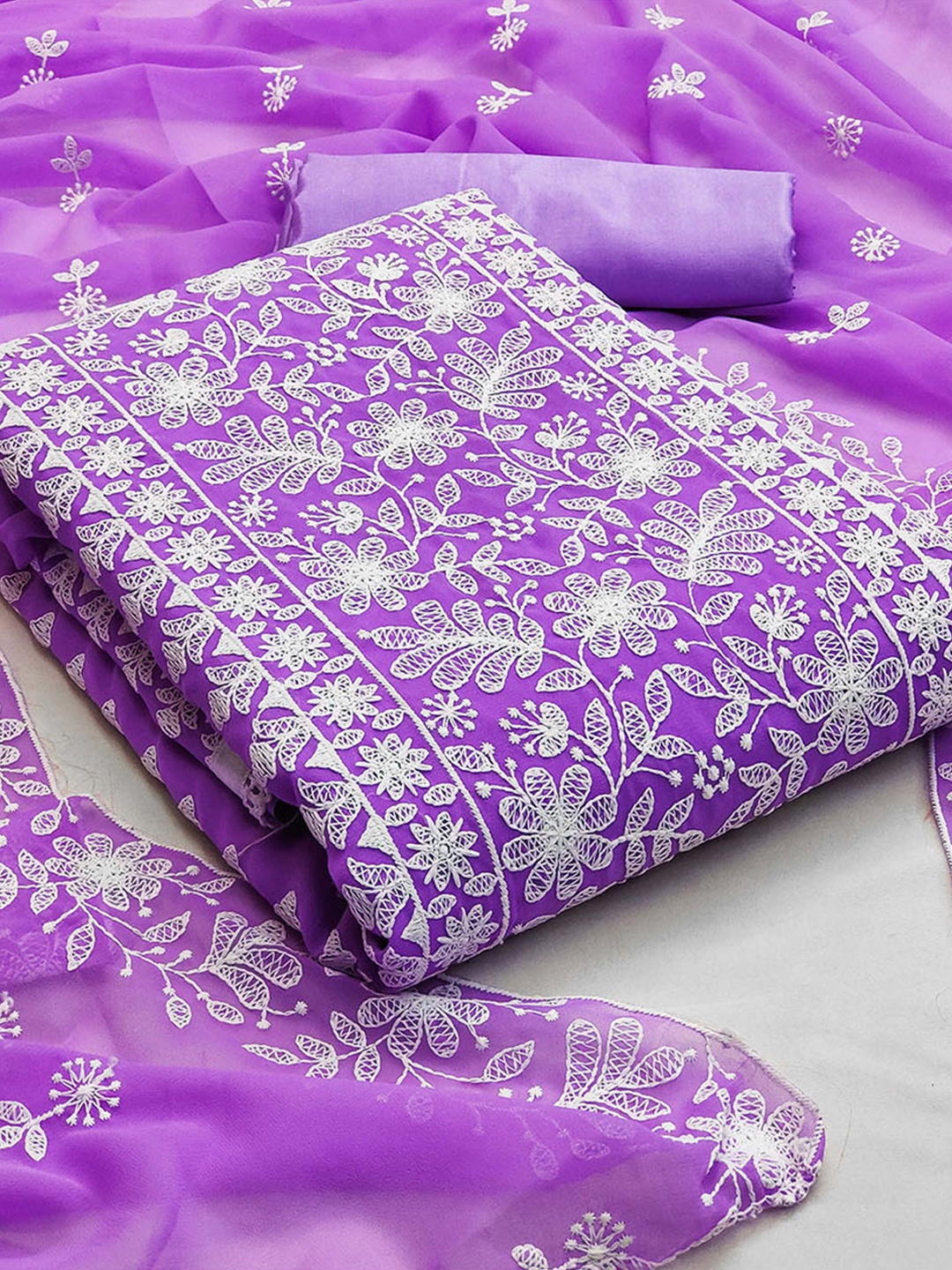 

KALINI Floral Embroidered Silk Georgette Unstitched Dress Material, Purple