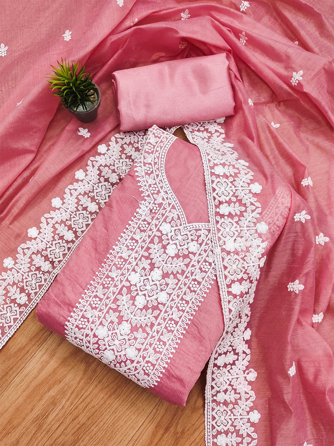 

KALINI Floral Embroidered Unstitched Dress Material, Pink