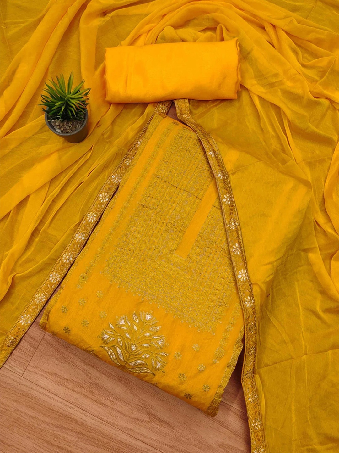 

KALINI Embroidered Unstitched Dress Material, Yellow