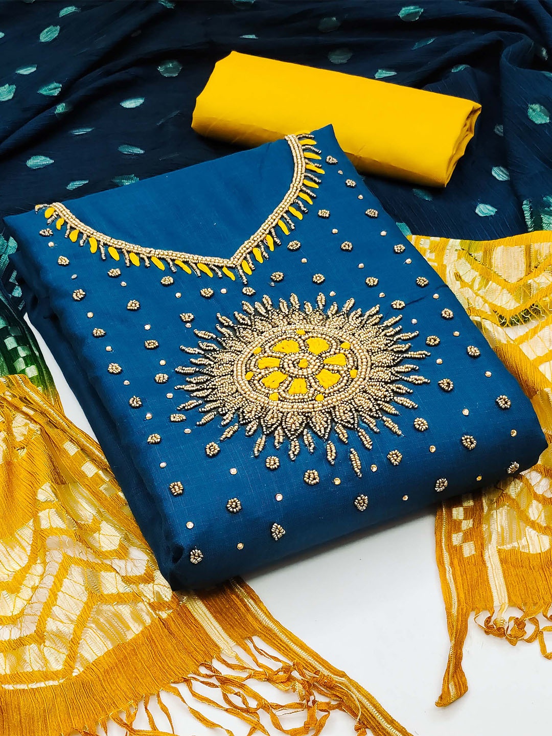 

KALINI Embroidered Unstitched Dress Material, Teal