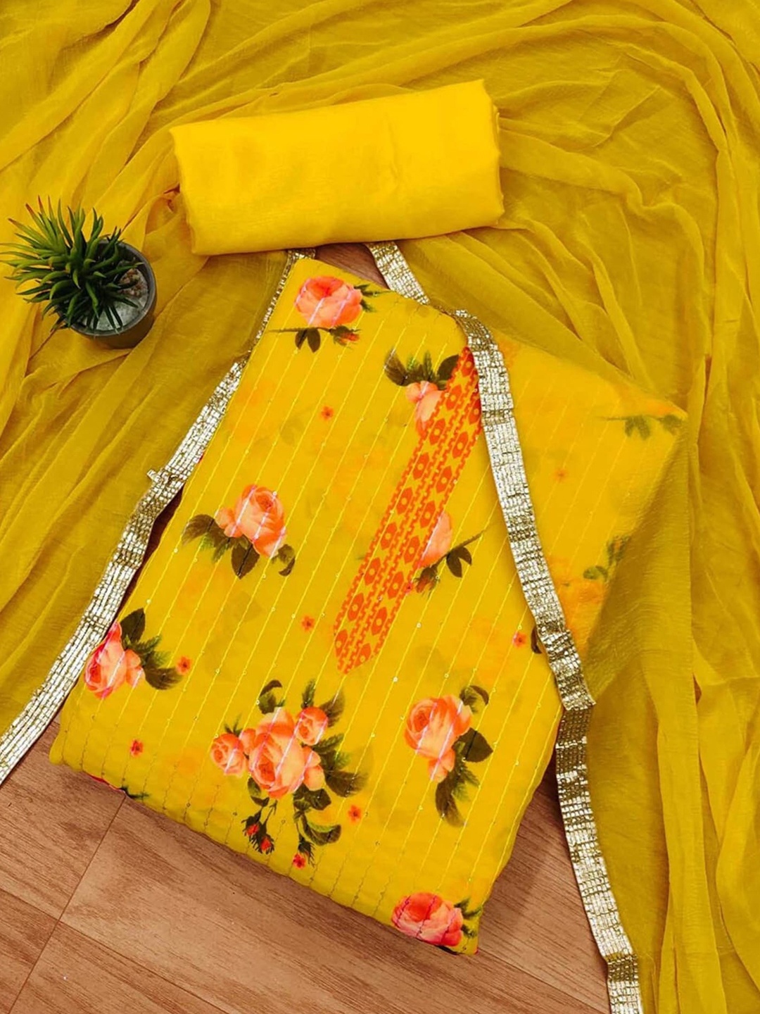 

KALINI Printed Silk Georgette Unstitched Dress Material, Yellow