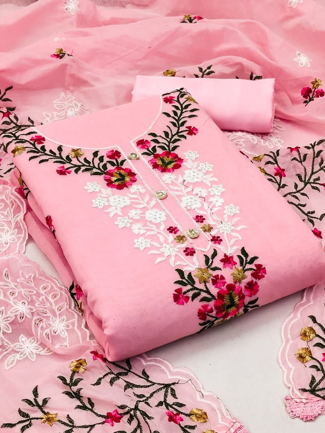 

KALINI Floral Embroidered Unstitched Dress Material, Pink