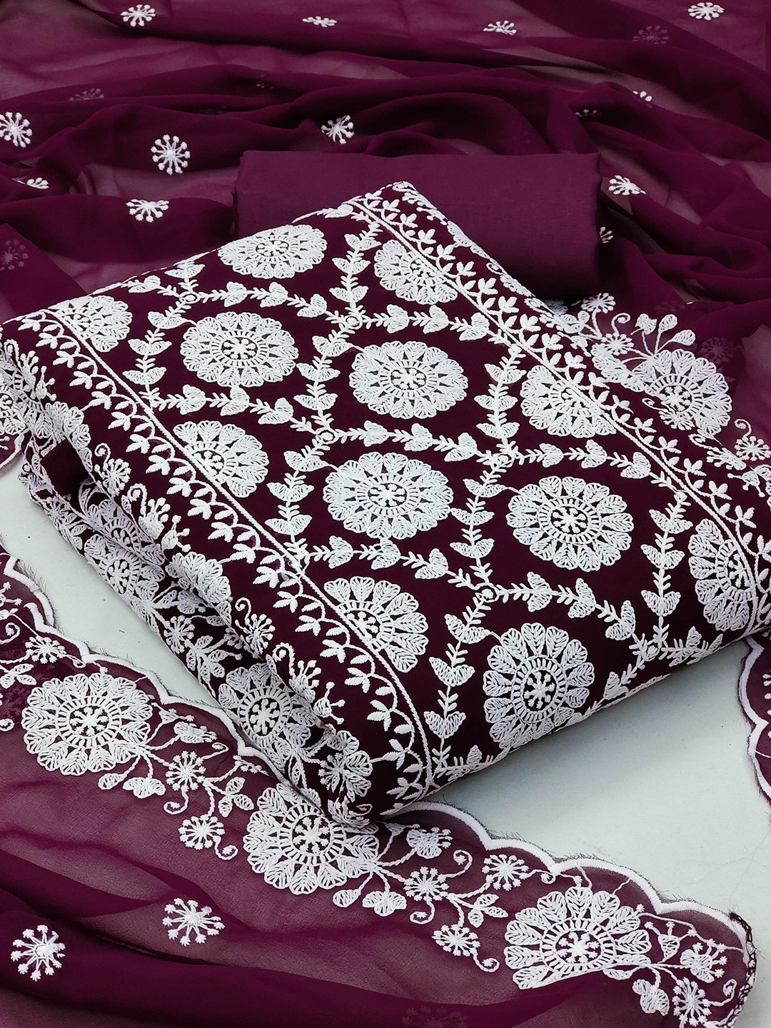 

KALINI Floral Embroidered Silk Georgette Unstitched Dress Material, Magenta