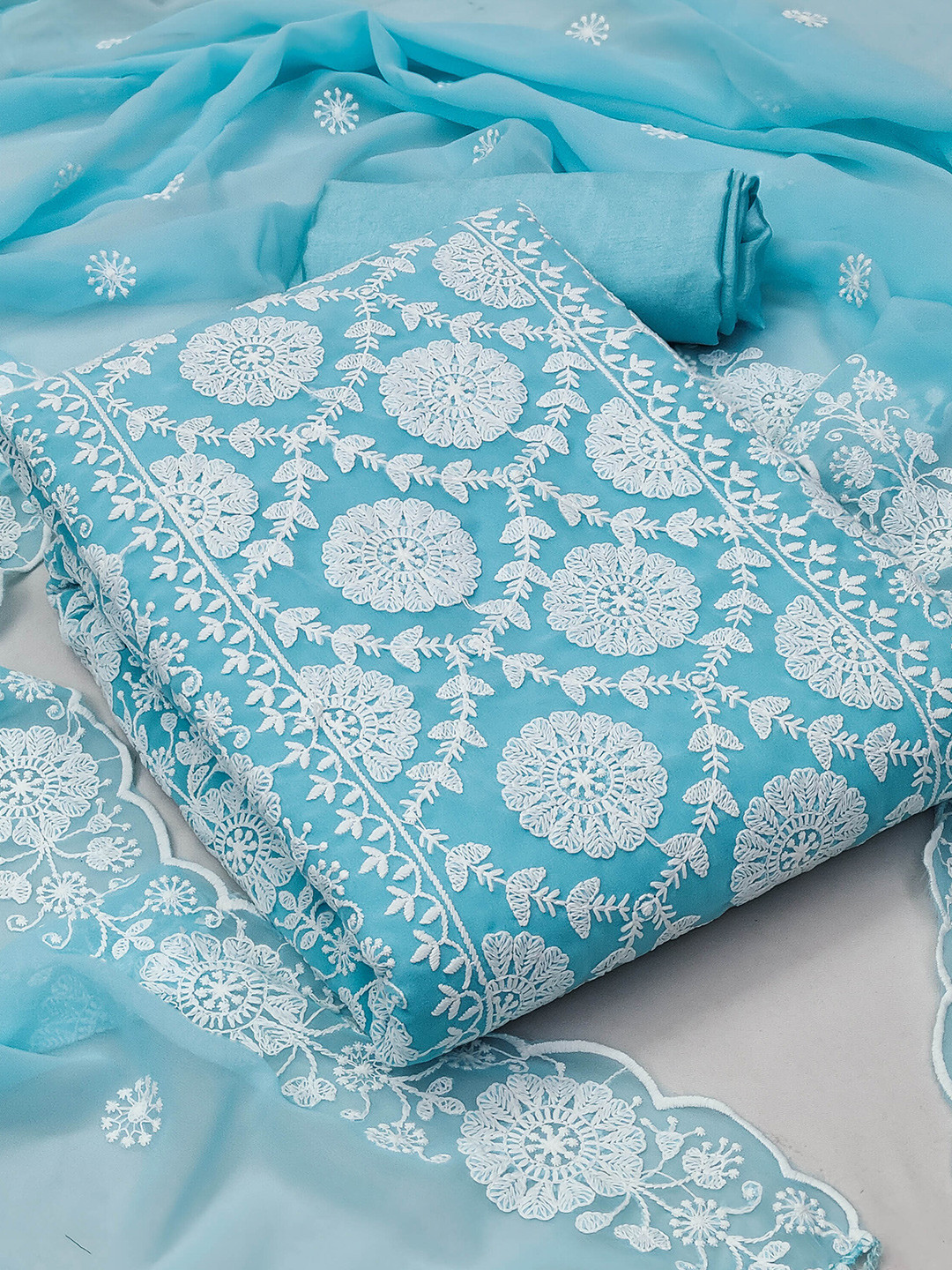 

KALINI Floral Embroidered Silk Georgette Unstitched Dress Material, Blue