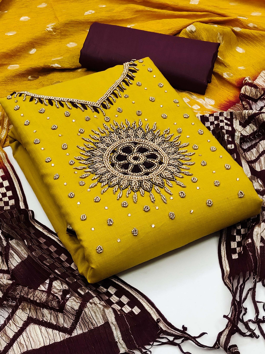 

KALINI Ethnic Motifs Embellished Unstitched Dress Material, Yellow