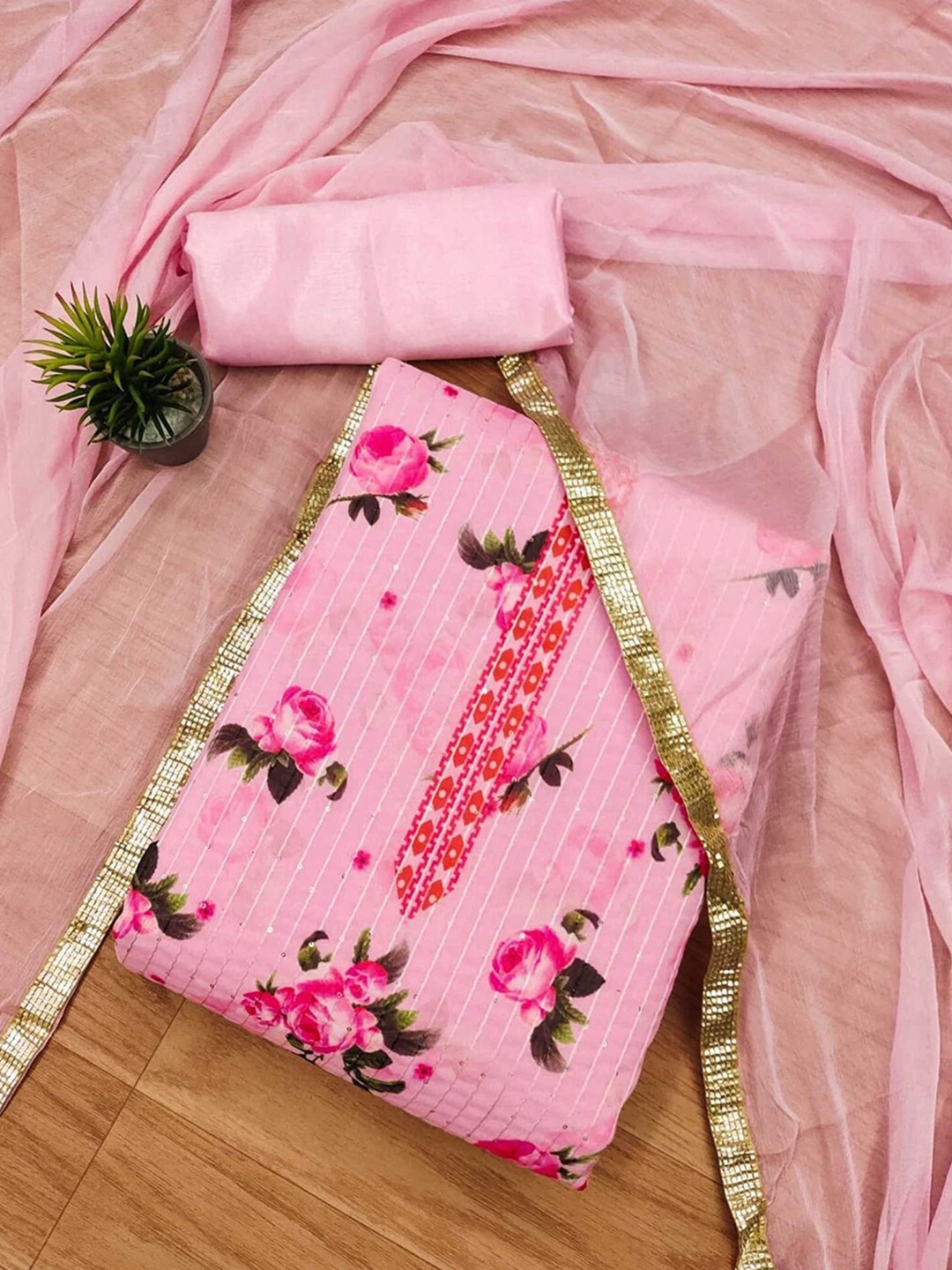 

KALINI Floral Printed Silk Georgette Unstitched Dress Material, Pink