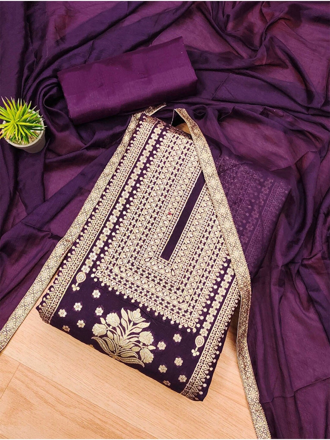 

KALINI Ethnic Motif Woven Design Unstitched Dress Material With Dupatta, Burgundy