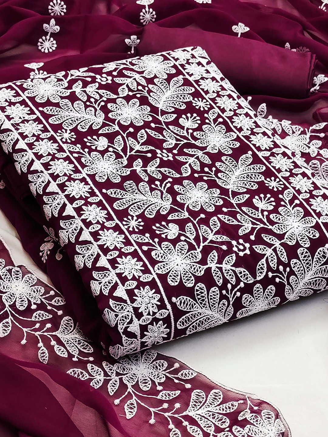 

KALINI Embroidered Silk Georgette Unstitched Dress Material With Dupatta, Maroon