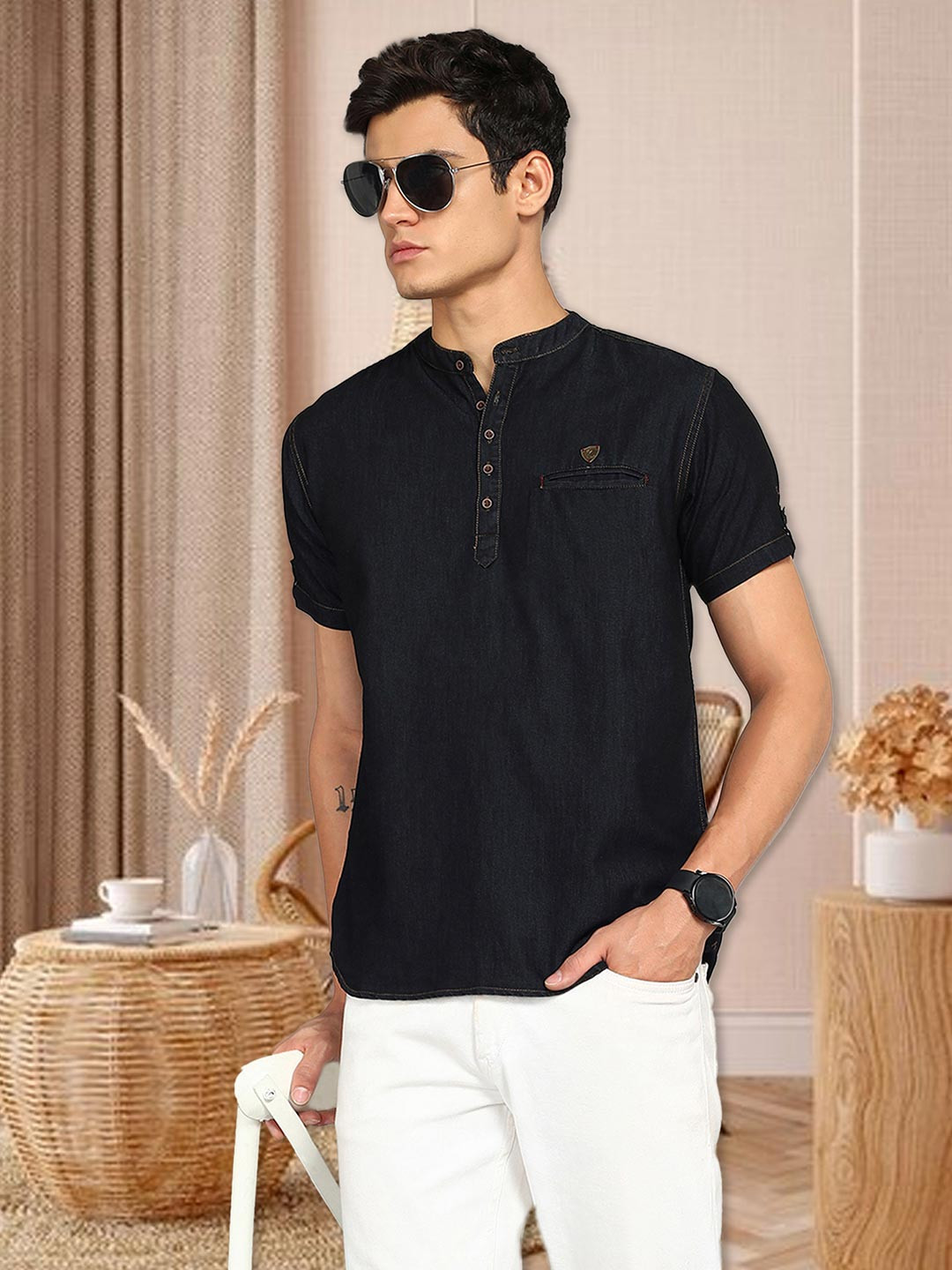 

Kuons Avenue Band Collar Short Sleeve Denim Short Kurta, Black