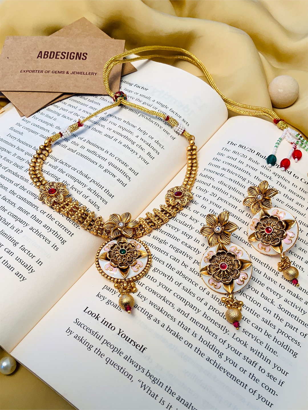 

ABDESIGNS Gold-Plated Stone Studded Floral Antique Jewellery Set