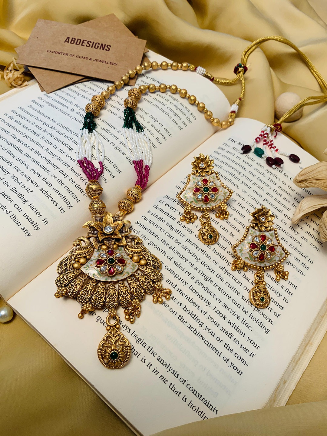 

ABDESIGNS Gold-Plated Stone-Studded & Beaded Meenakari Antique Matt Finish Jewellery Set