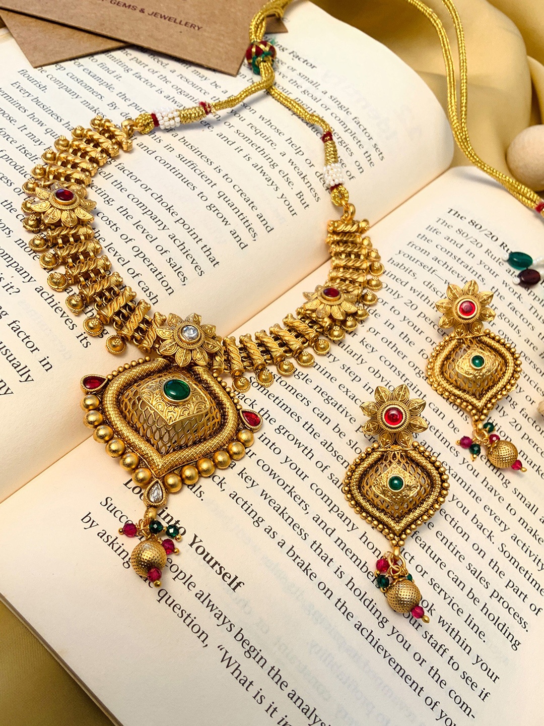 

ABDESIGNS Gold-Plated Stone Studded & Beaded Antique Jewellery Set