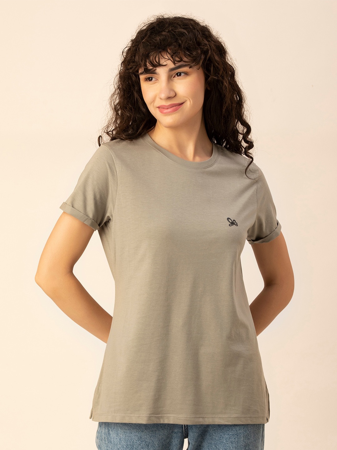 

TITTLI Round Neck Pure Cotton Casual T-shirt, Grey