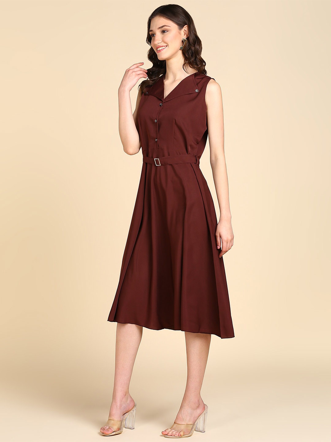 

Rudraaksha Creations V-Neck Knee Length Fit & Flare Dress, Brown