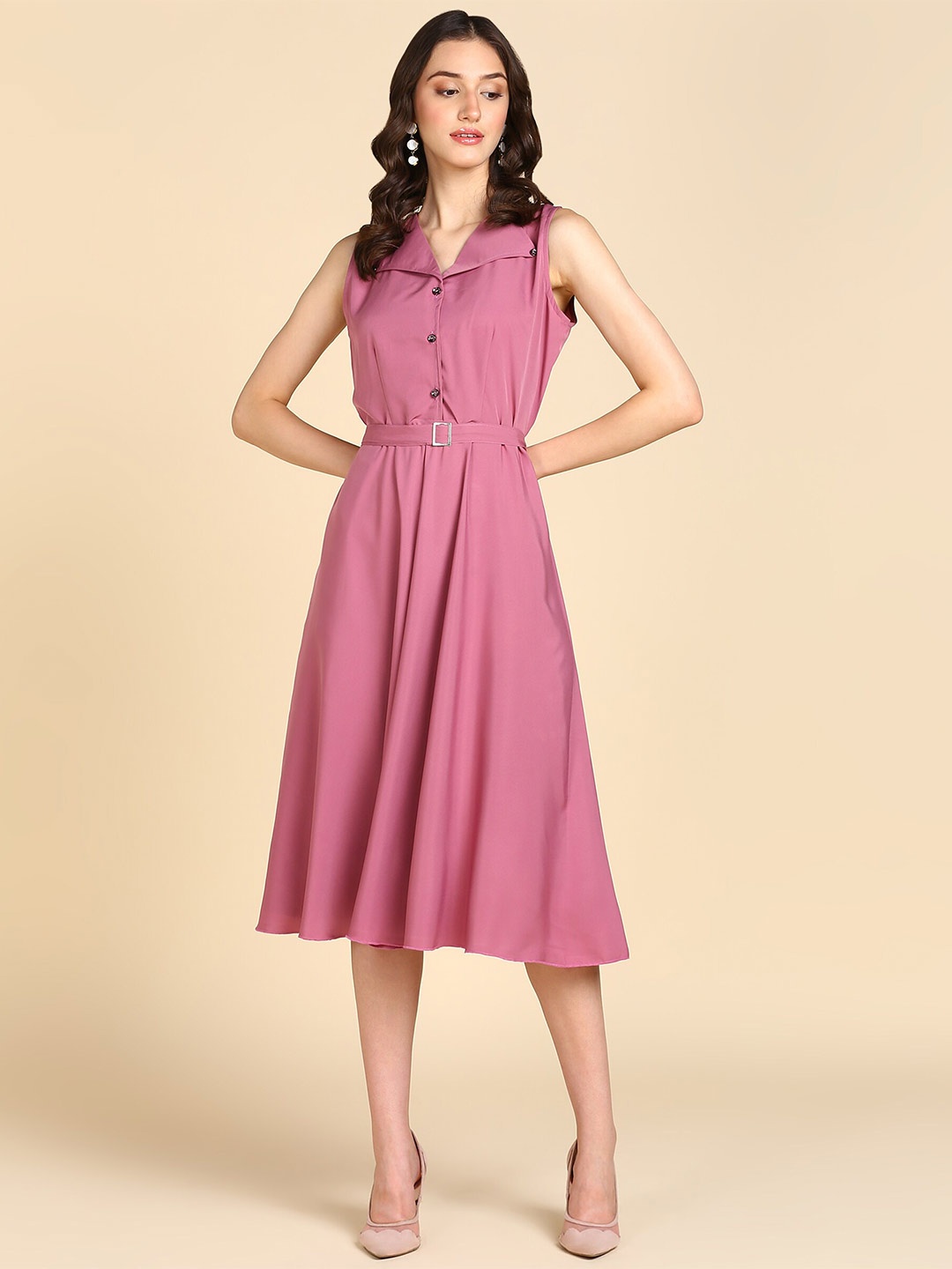

Rudraaksha Creations V-Neck Knee Length Fit & Flare Dress, Pink
