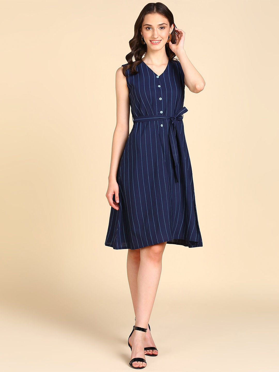 

Rudraaksha Creations V-Neck Striped A-Line Dress, Navy blue