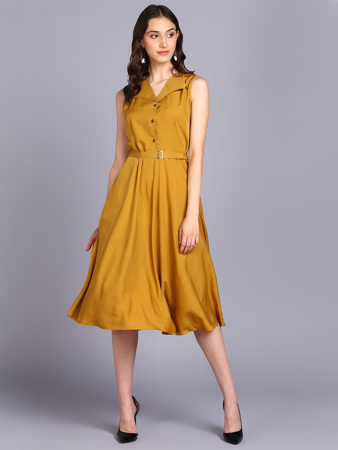 

Rudraaksha Creations V-Neck Sleeveless Fit & Flare Midi Dress, Mustard