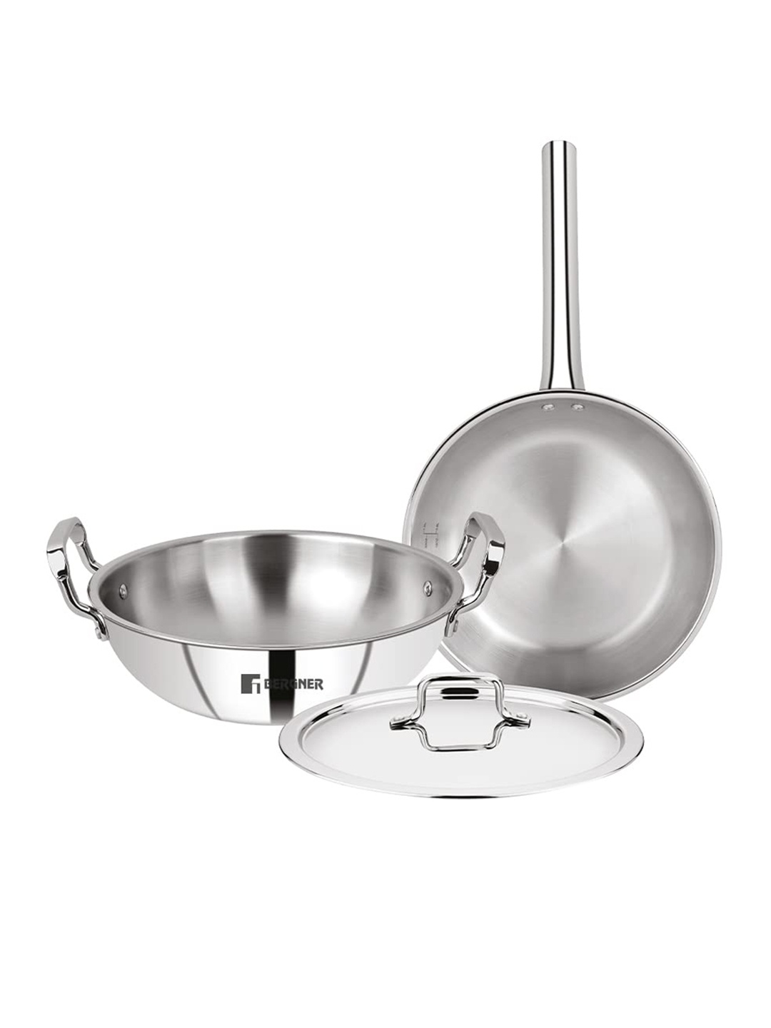 

Bergner Tripro TriPly Stainless Steel Induction Bottom Set- 24cm/3L Kadai 1.5L Frypan, Silver
