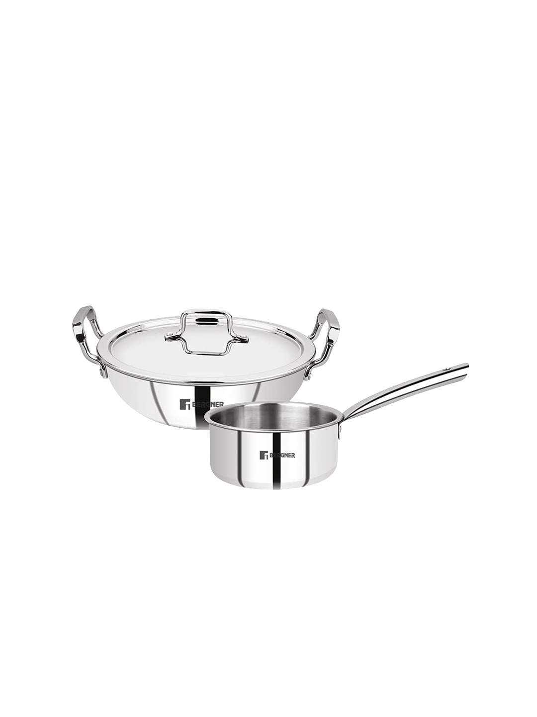 

BERGNER Set Of 3 Tripro Triply Stainless Steel Kadai with Lid And Teapan, Silver