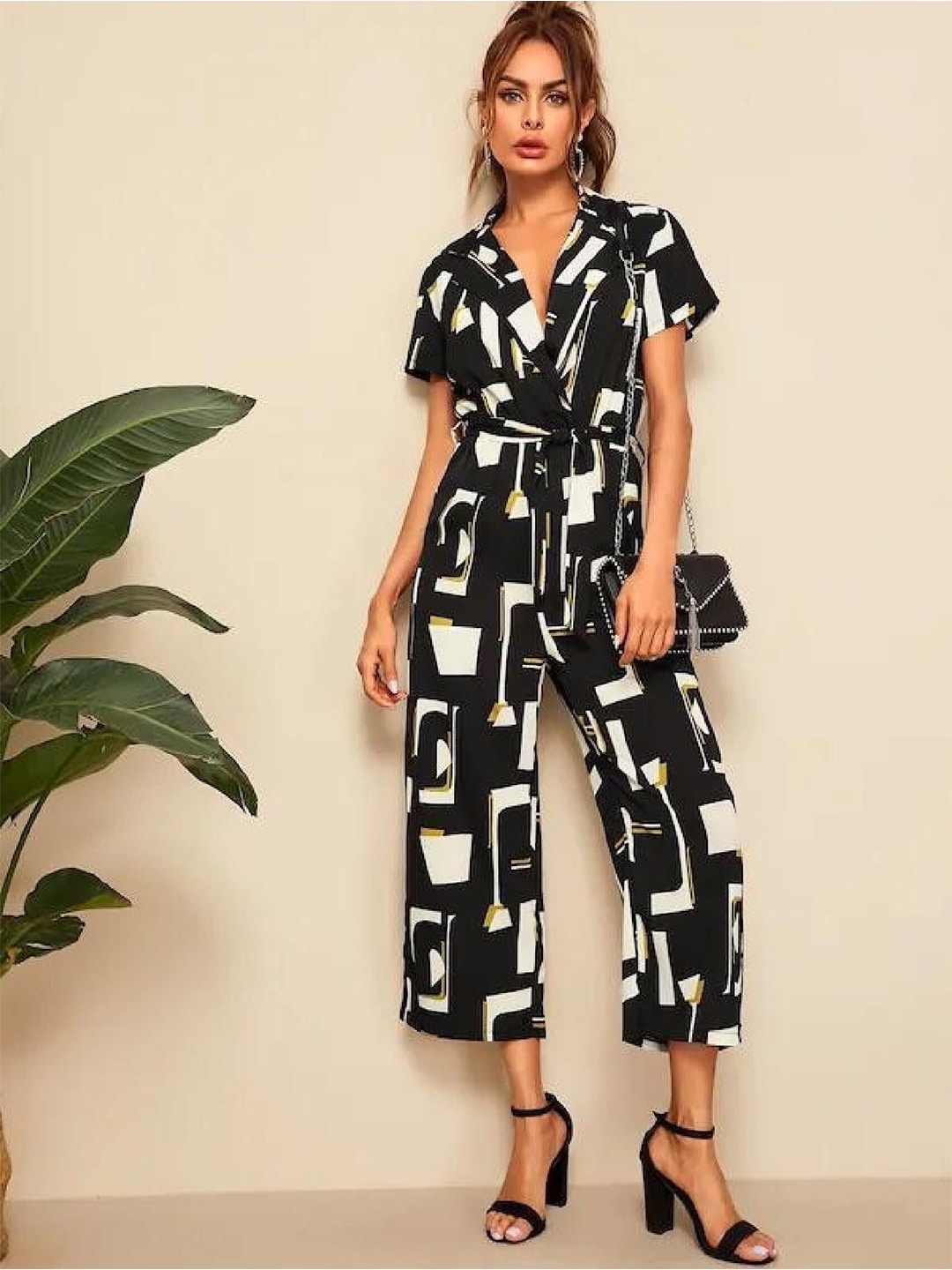 

BAESD Geometric Printed Jumpsuit With Belt, Black