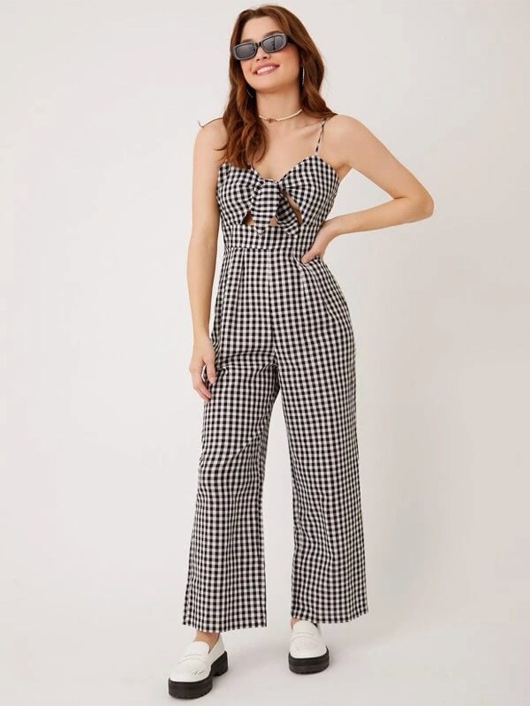 

BAESD Shoulder Straps Checked Tie Up Basic Jumpsuit, Black