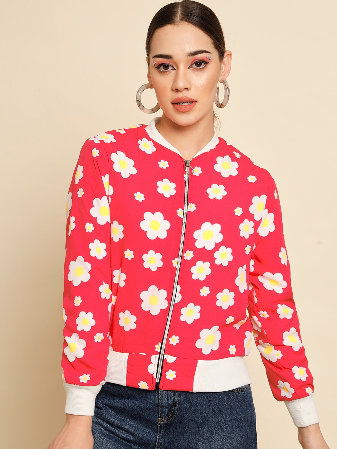 

Darzi Floral Printed Bomber Jacket, Red