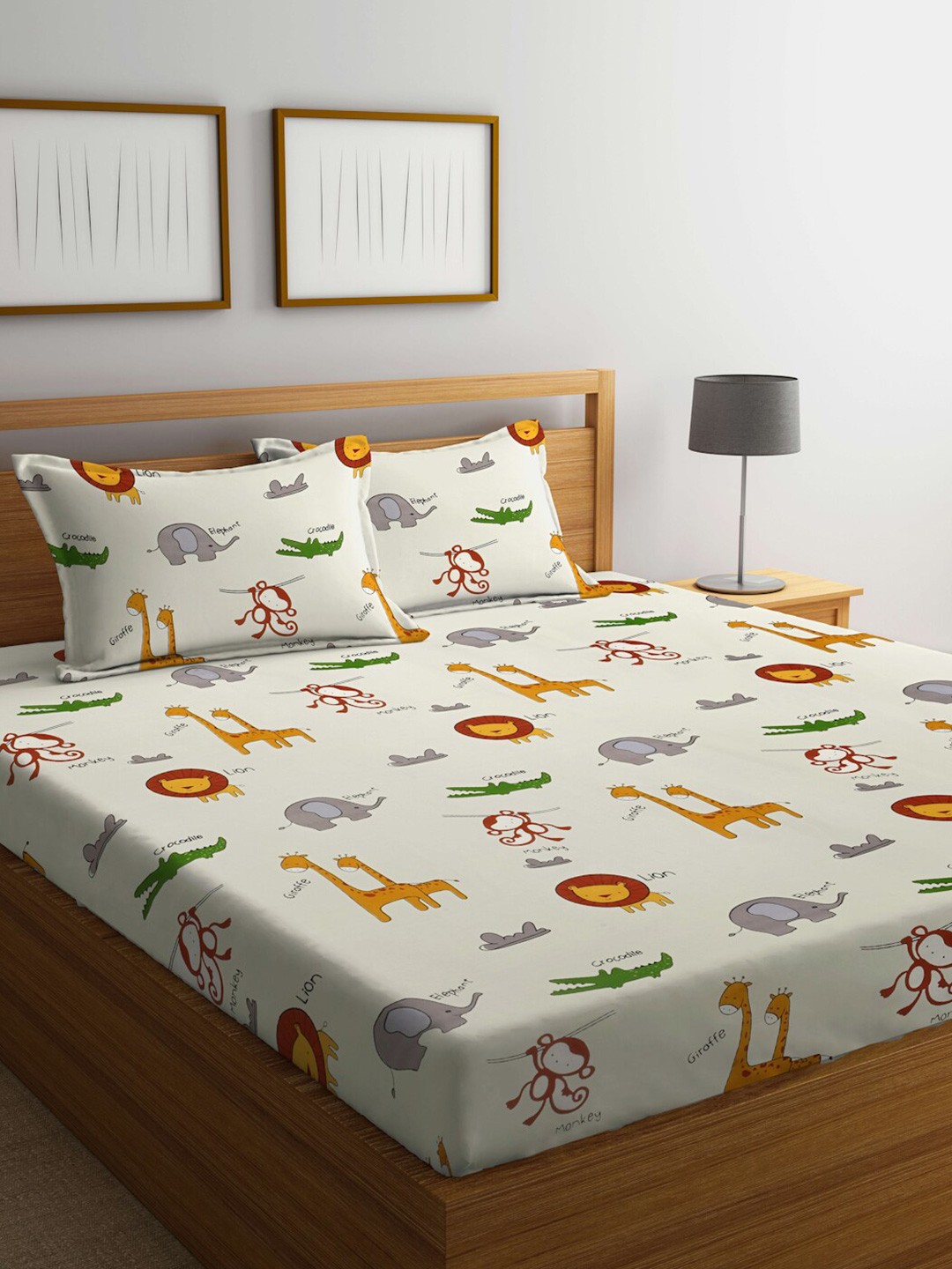 

FABINALIV White & Red Cartoon Printed 300 TC King Bedsheet & 2 Pillow Covers