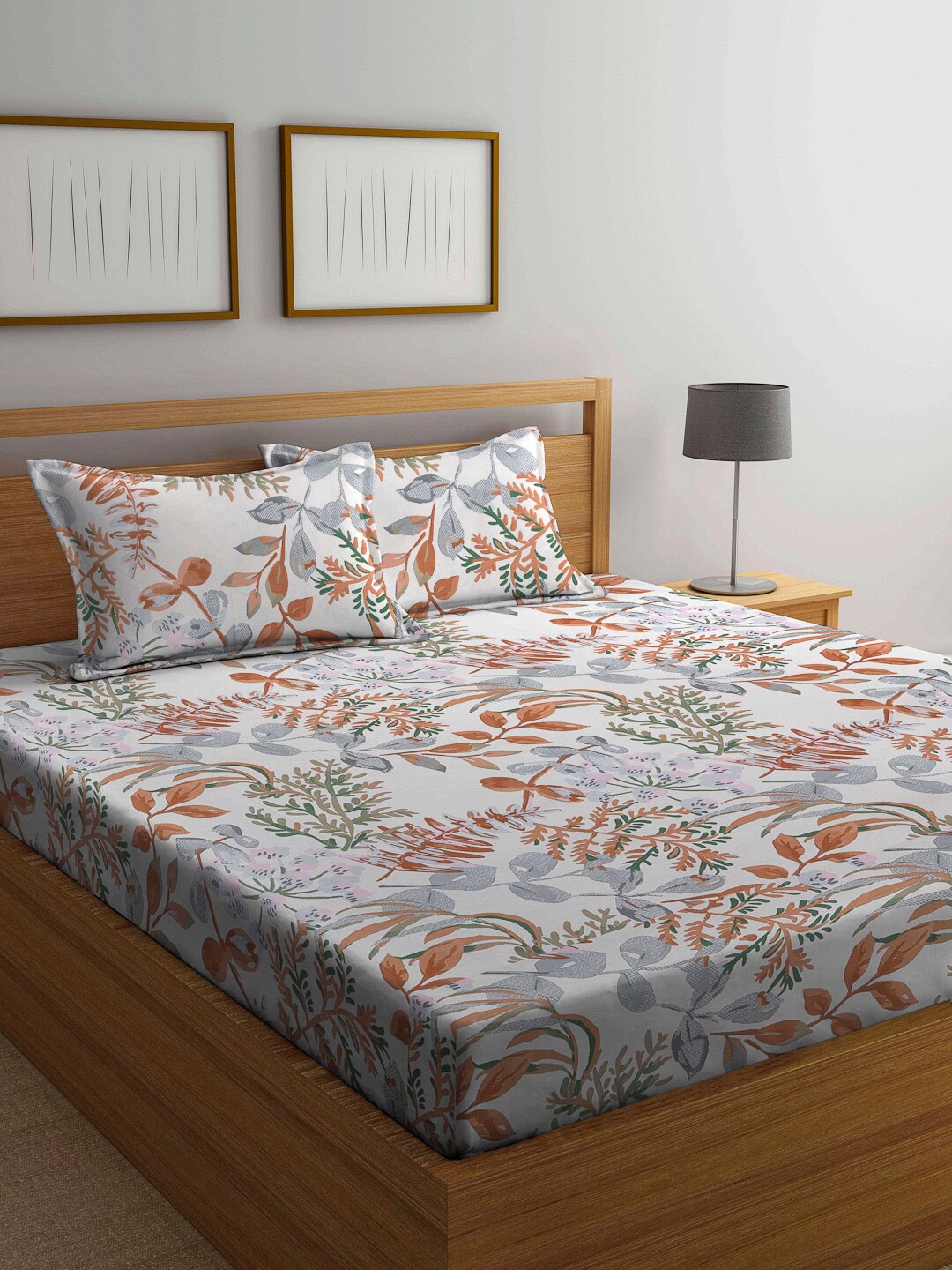 

FABINALIV Green & White Floral 300 TC King Bedsheet with 2 Pillow Covers