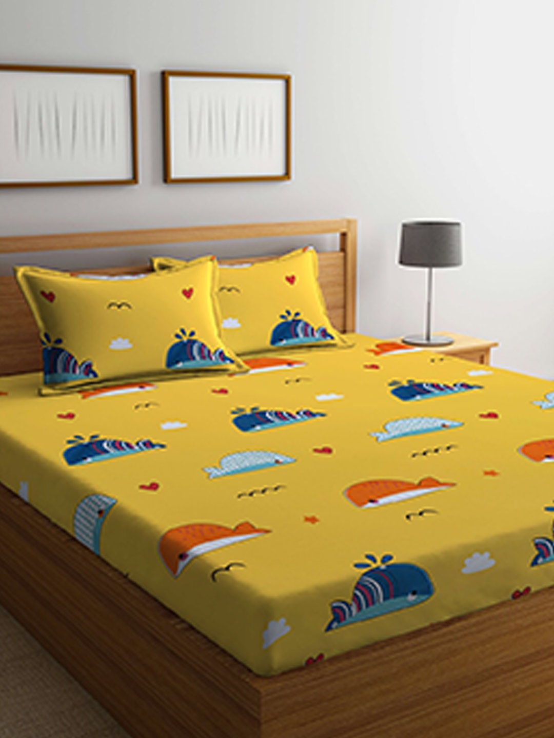 

FABINALIV Yellow & Blue Conversational 300 TC King Bedsheet with 2 Pillow Covers