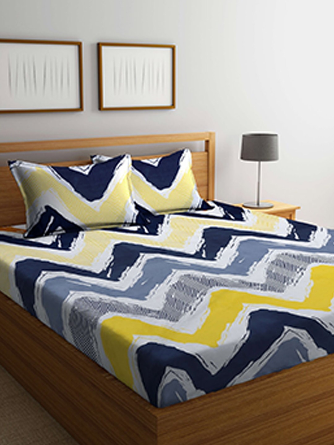 

FABINALIV Yellow & Blue Printed 300 TC Polycotton King Bedsheet With 2 Pillow Covers