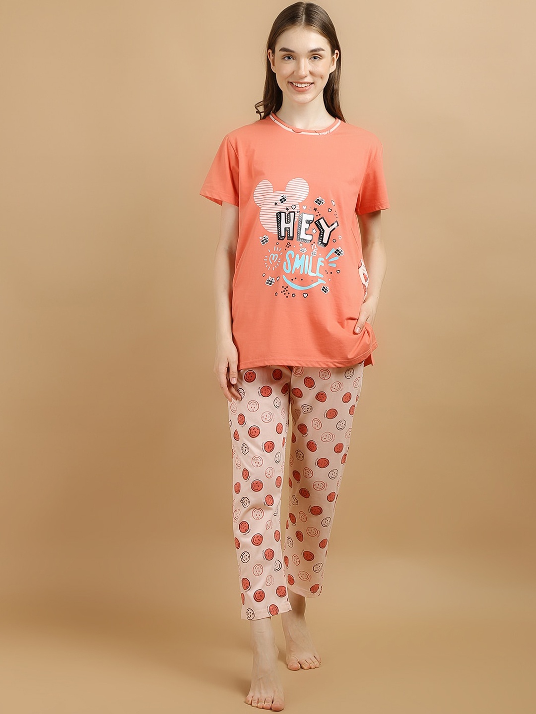 

Lugo Graphic Printed Night Suit, Peach
