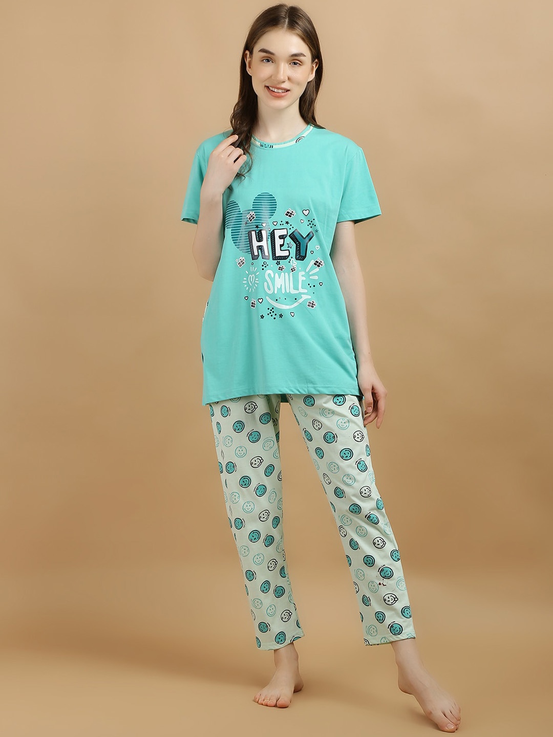 

Lugo Graphic Printed Night Suit, Turquoise blue