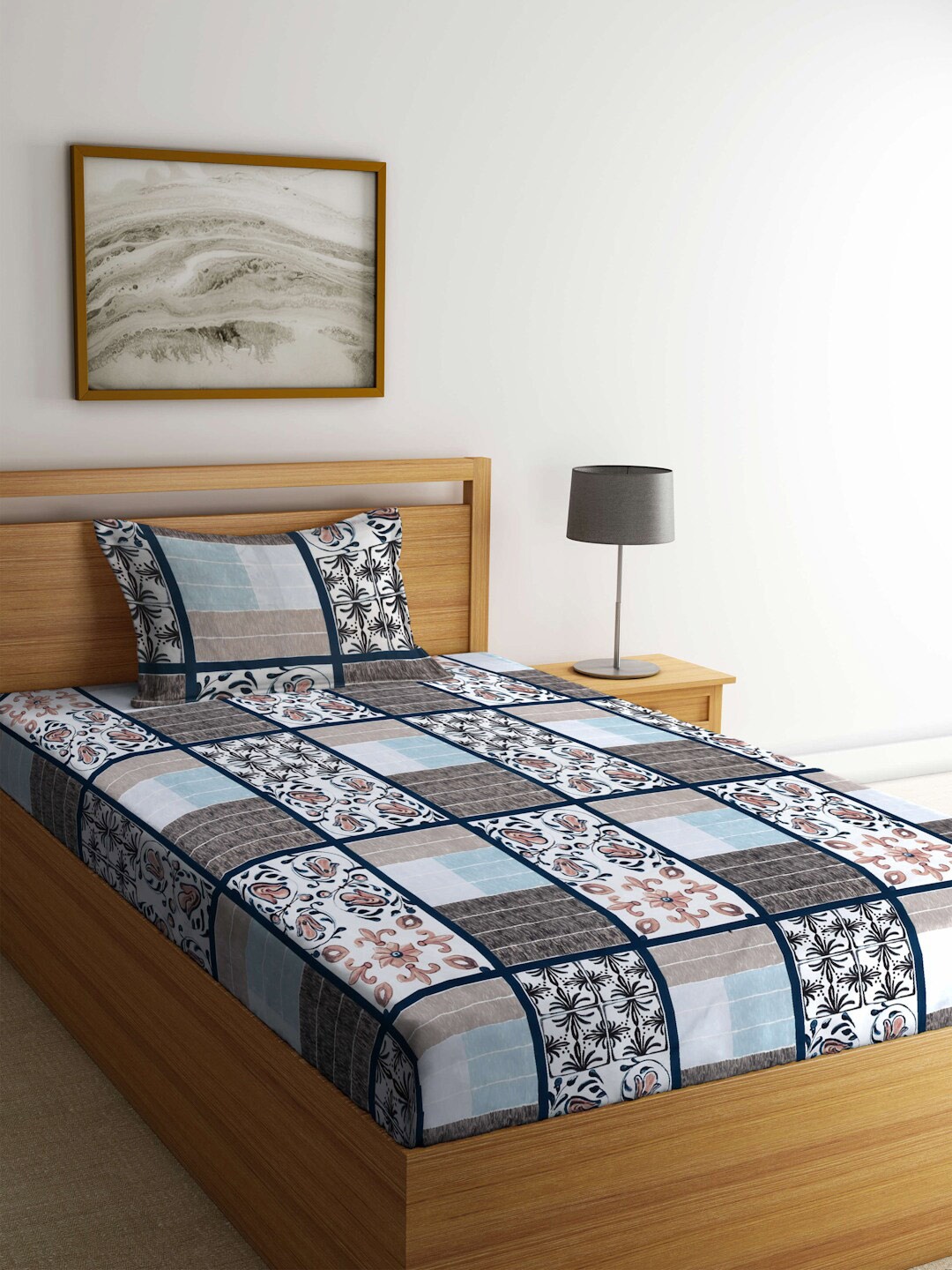 FABINALIV Grey & Blue Ethnic Motifs 300 TC Single Bedsheet with 1 Pillow Cover