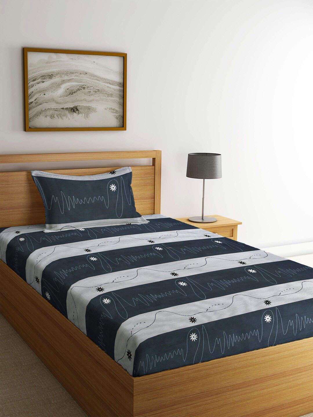 

FABINALIV Grey & Navy Blue Striped 300 TC Single Bedsheet with Pillow Cover