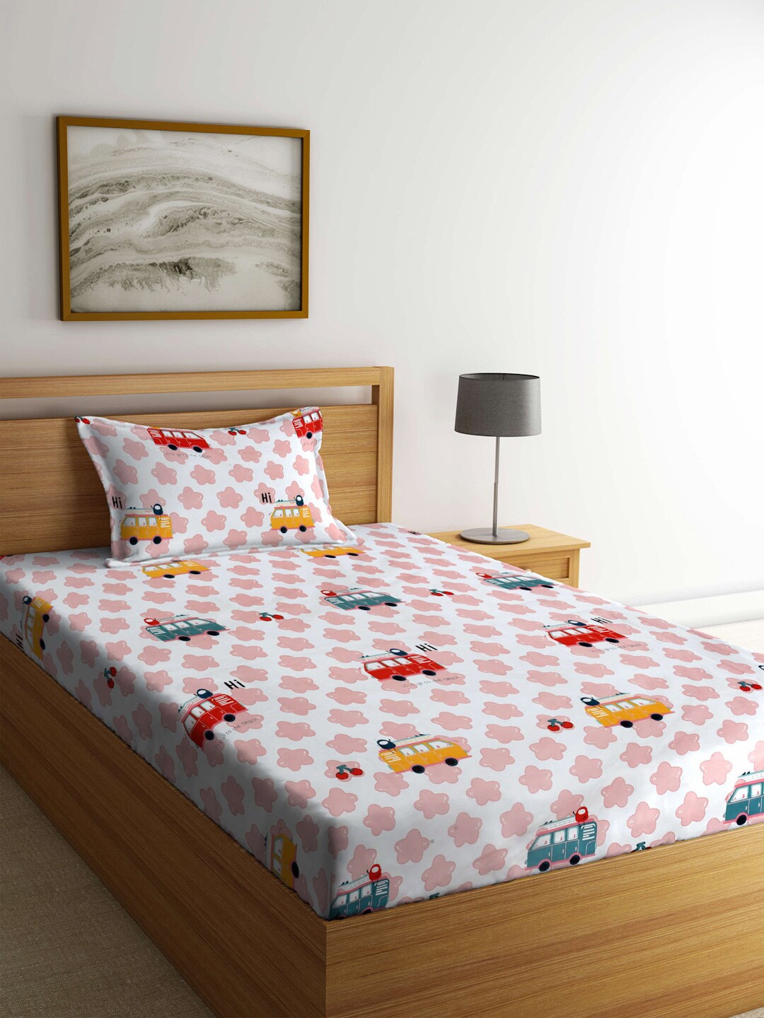 FABINALIV White & Pink Graphic 300 TC Single Bedsheet with Pillow Cover