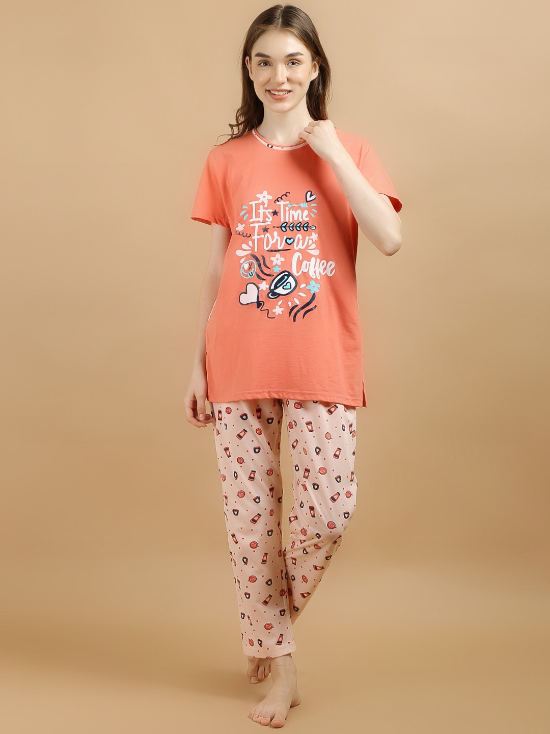 

Lugo Typography Printed Night Suit, Peach