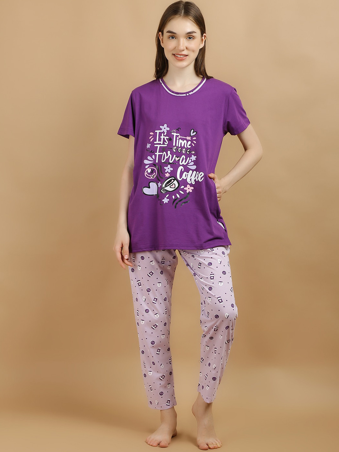 

Lugo Graphic Printed Night Suit, Purple