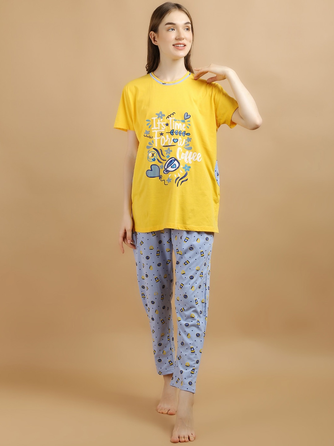 

Lugo Graphic Printed Night Suit, Yellow