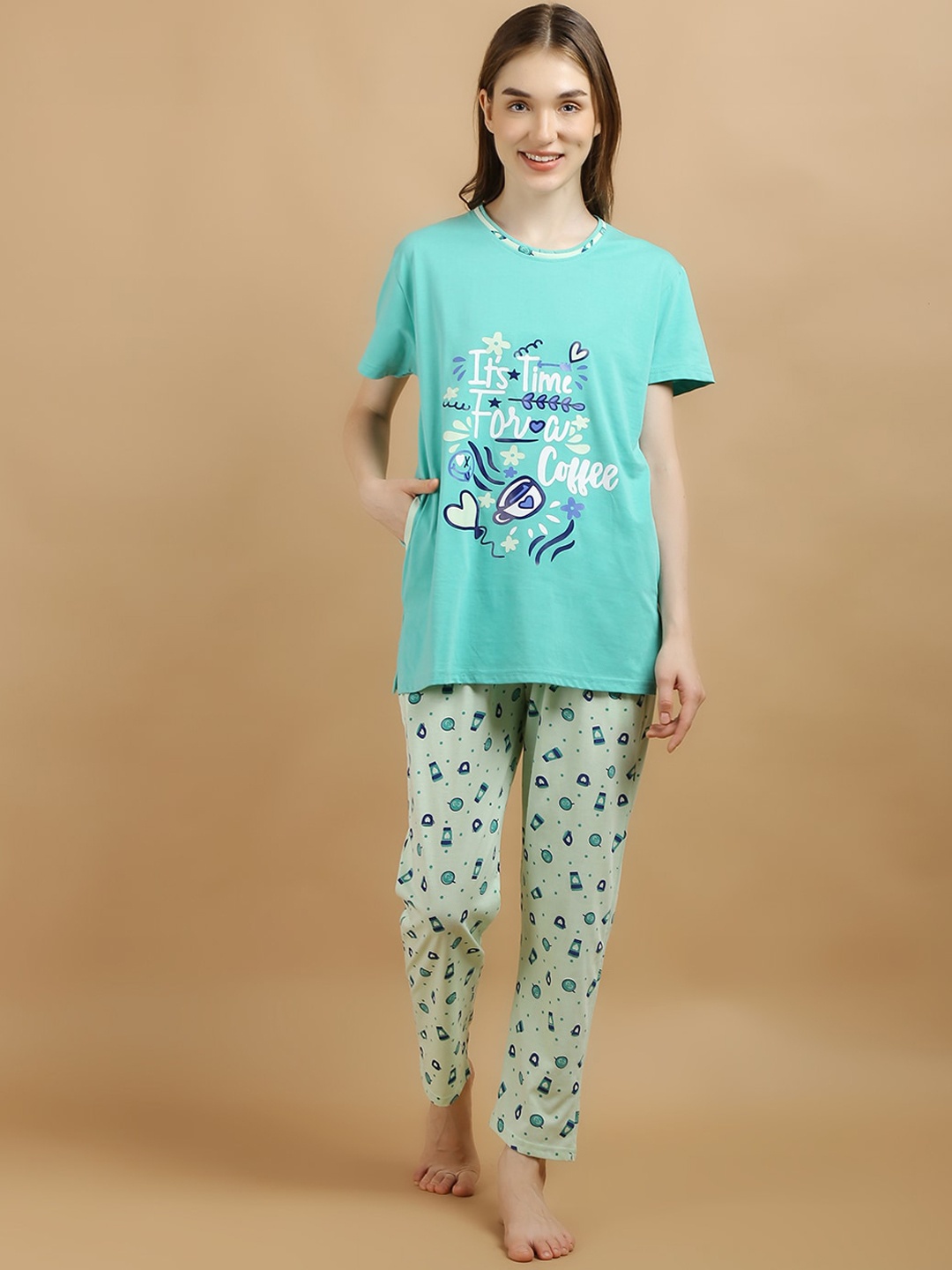 

Lugo Graphic Printed Night Suit, Turquoise blue