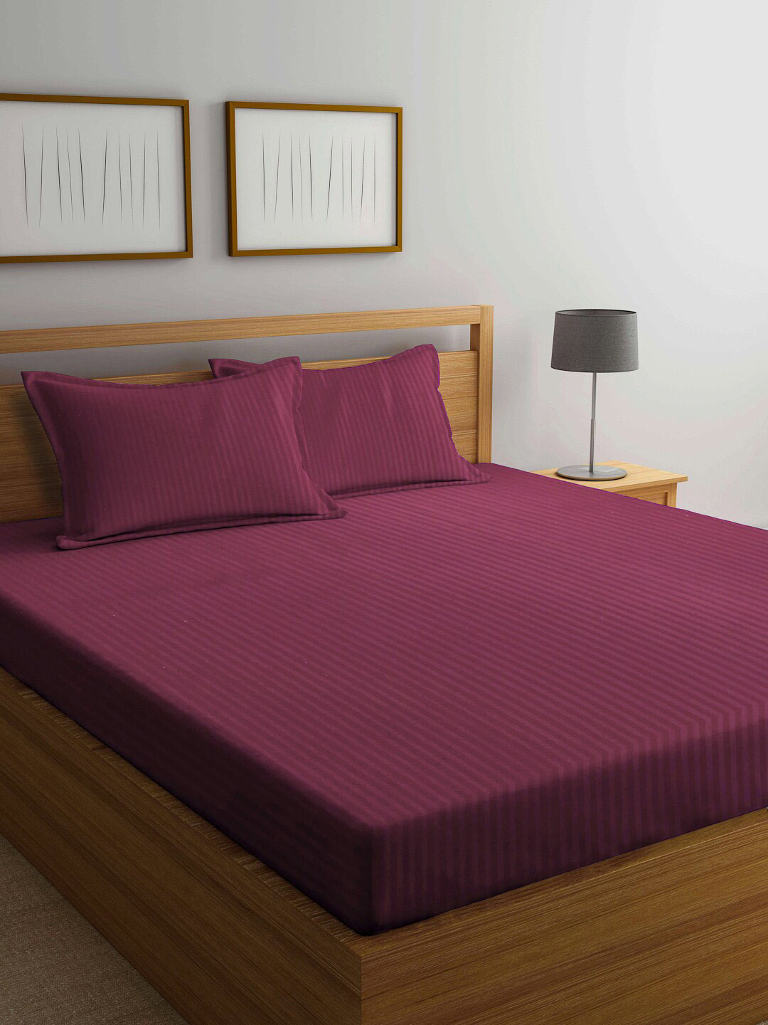 

FABINALIV Maroon Striped Print 300 TC Super King Size Bedsheet & 2 Pillow Covers